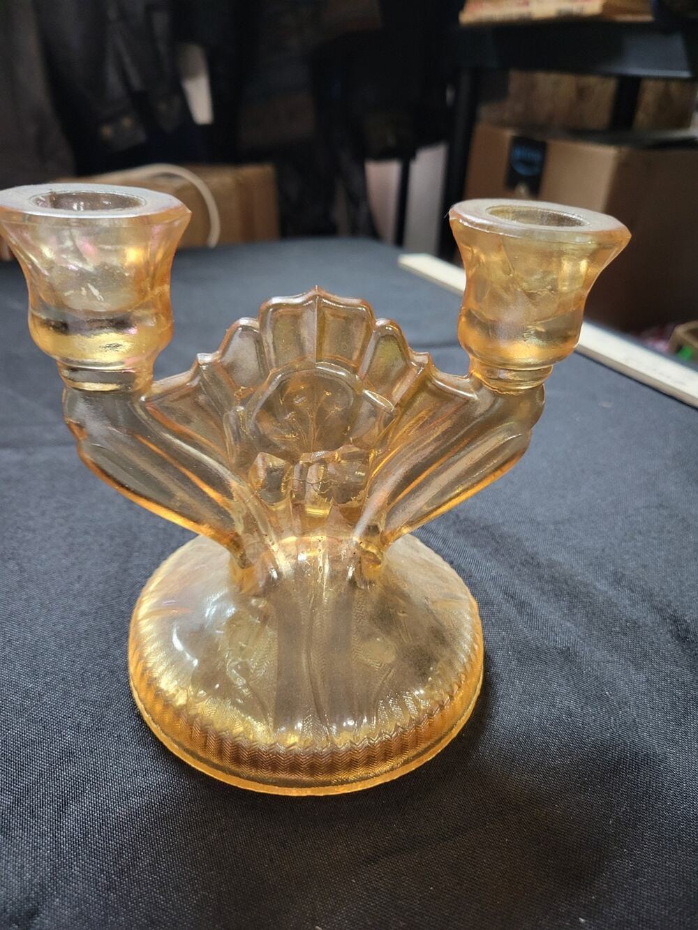 1930s Jeannette Marigold Iris & Herringbone Dual Candle Holder Classic